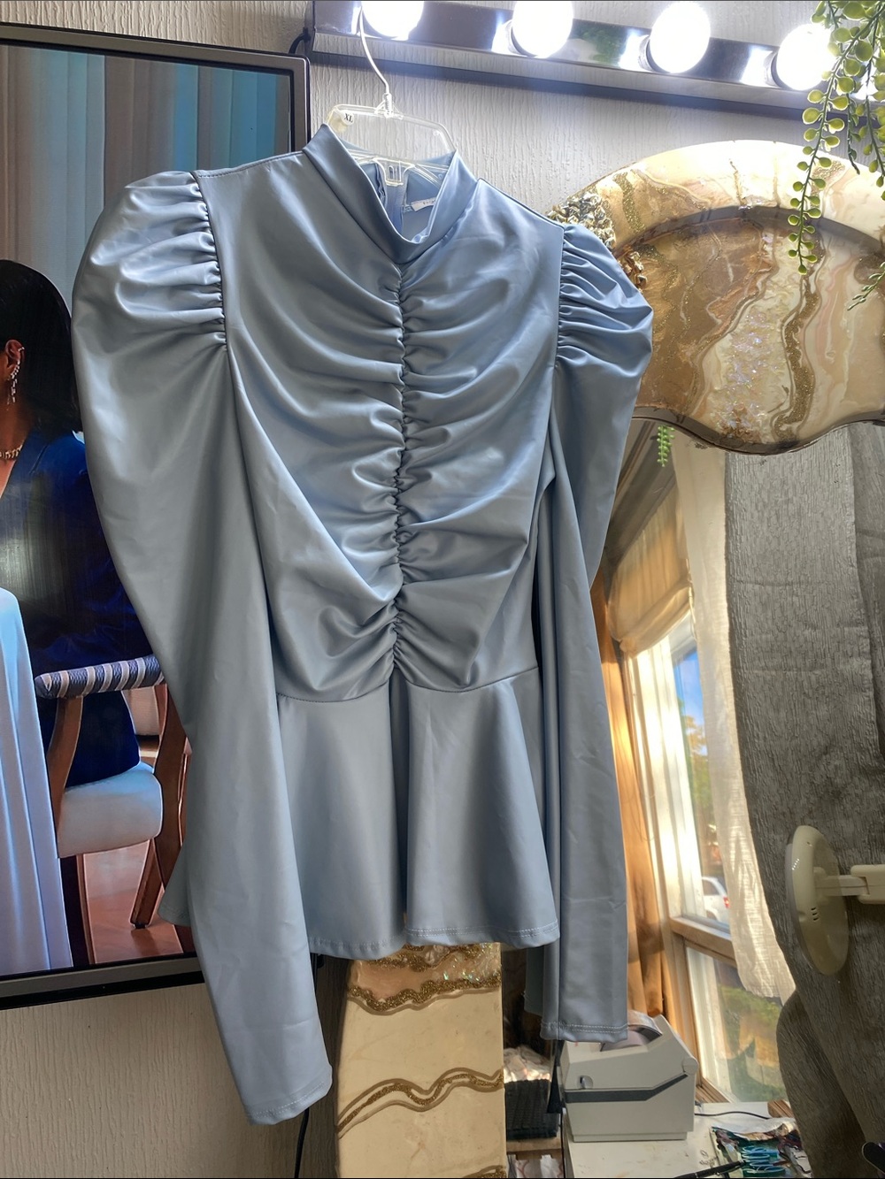 Fashion Nova Pleather Light Blue Ruched Puff-Sleeve Blouse